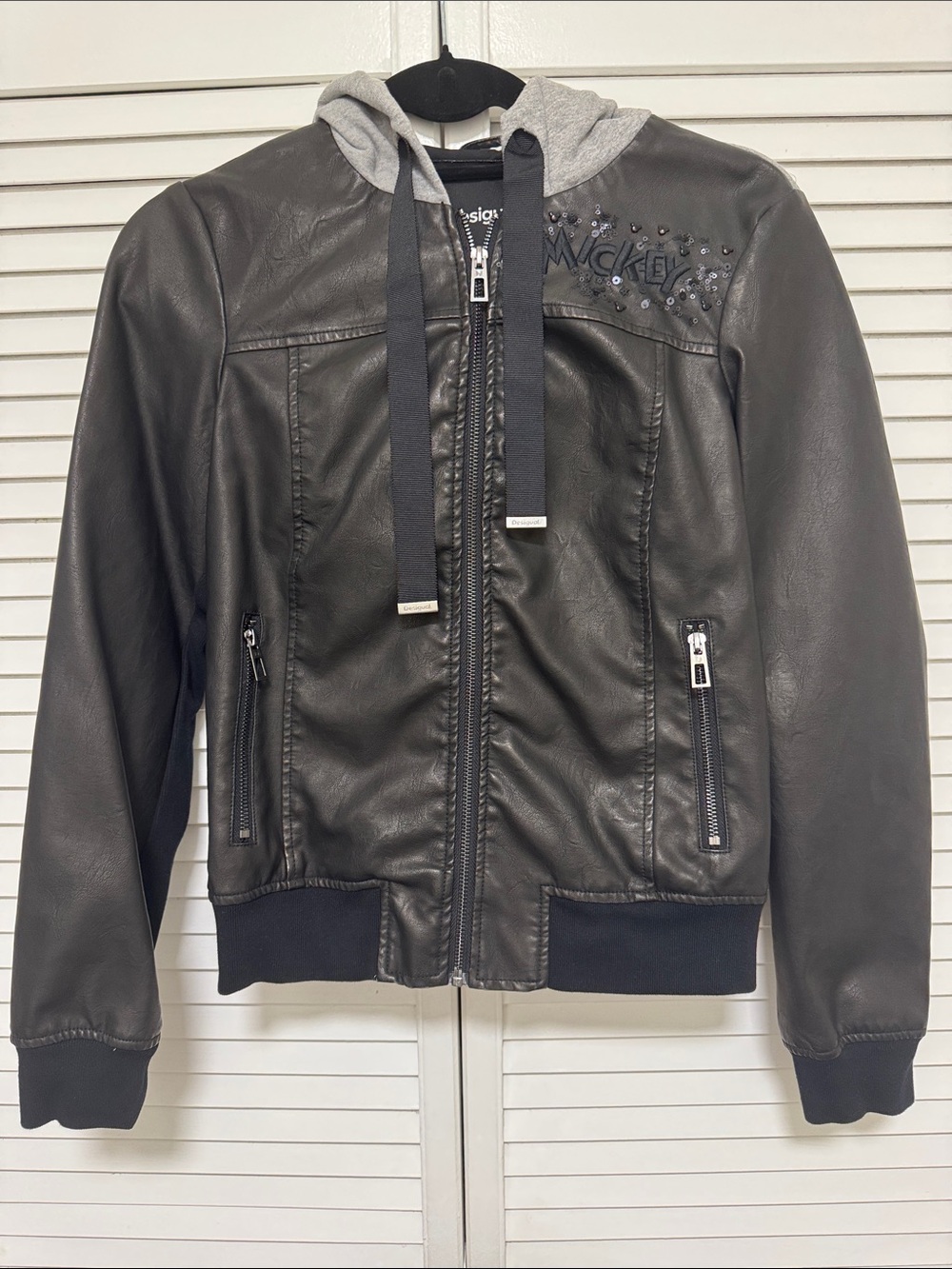 Desigual Black Faux Leather Mickey Mouse Bomber Jacket with Gray Hood sz S Rare